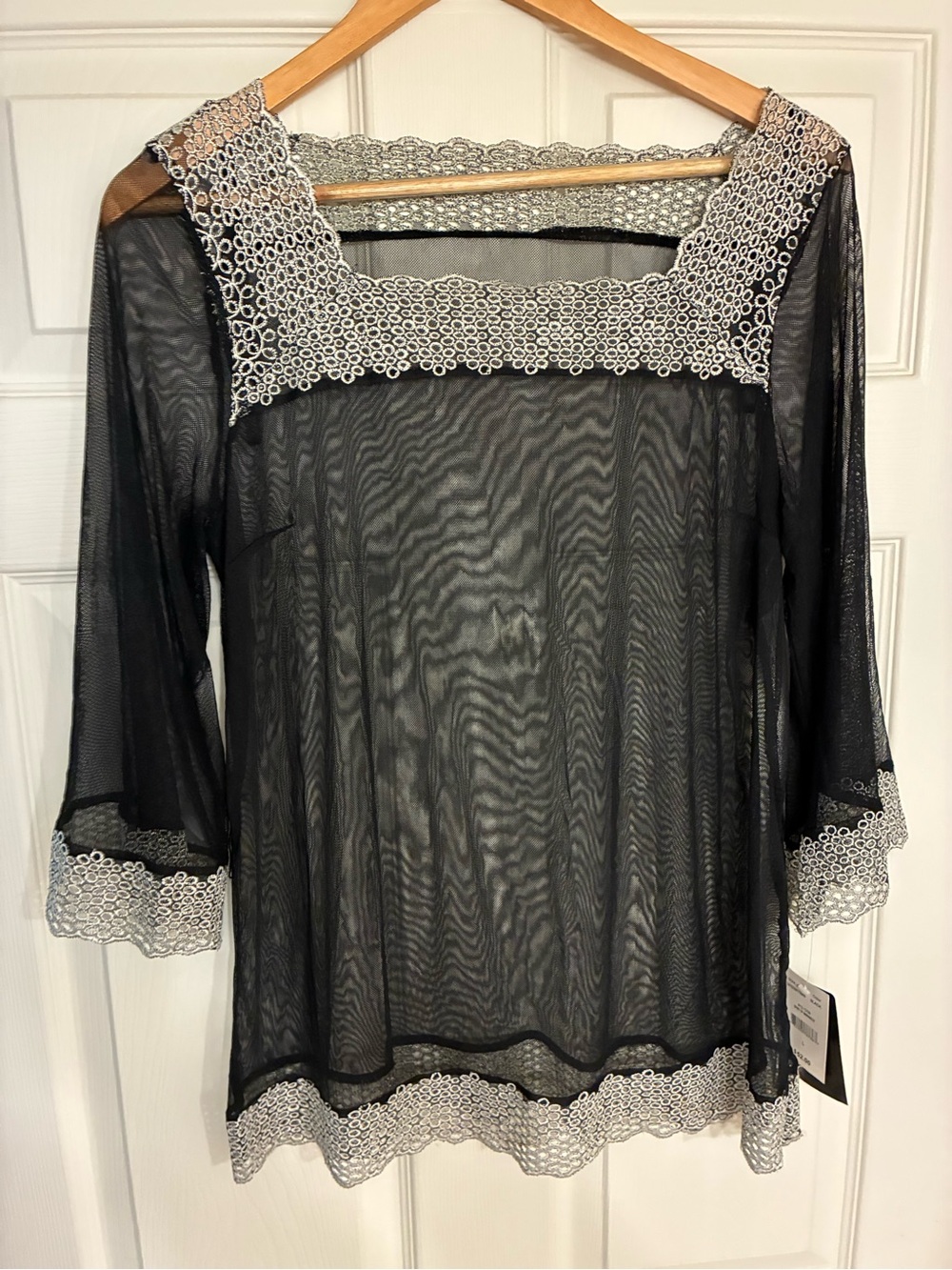 NWT Black Sheer Top with Silver Lace Trim and Sheer Sleeves - Picture 4 of 5